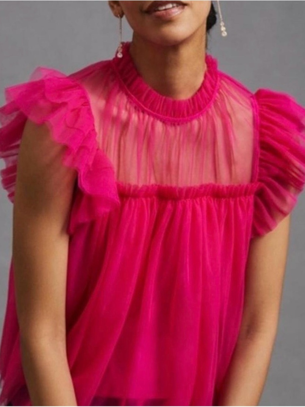 Anthropologie Sundays in Brooklyn Ruffled Tulle Flutter Sleeve Blouse - Hot Pink